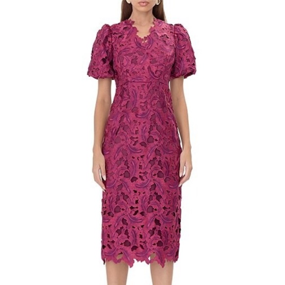 Adelyn Rae Eyelet Embroidered Puff Short Sleeve V-Neck Midi Cranberry Dress S - Picture 1 of 13